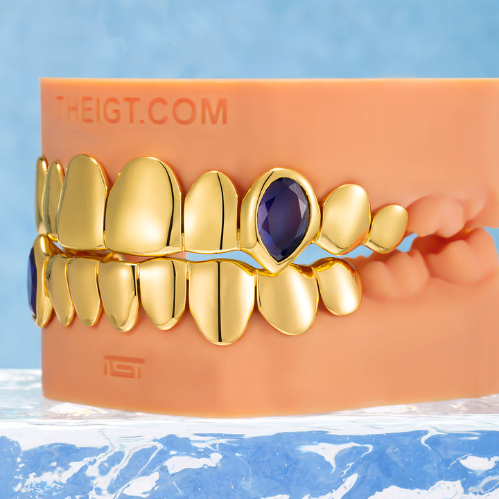 Blue Gem Vampire Polished Gold Grillz - ICEGIANT