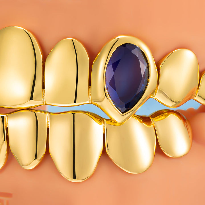 Blue Gem Vampire Polished Gold Grillz - ICEGIANT