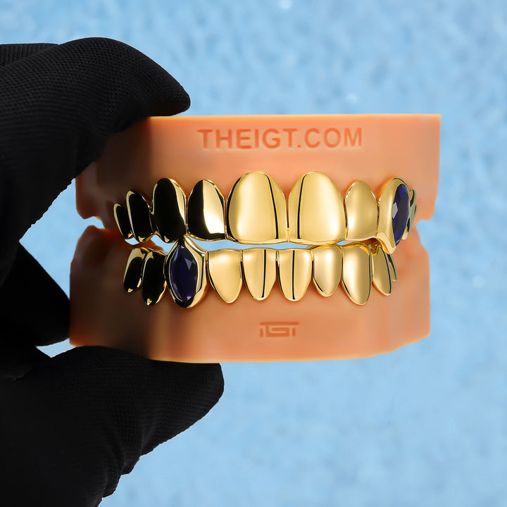 Blue Gem Vampire Polished Gold Grillz - ICEGIANT