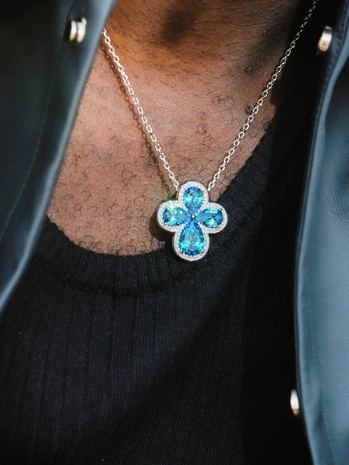 Blue Gemstone Moissanite Four Leaf Clover Adjustable Necklace