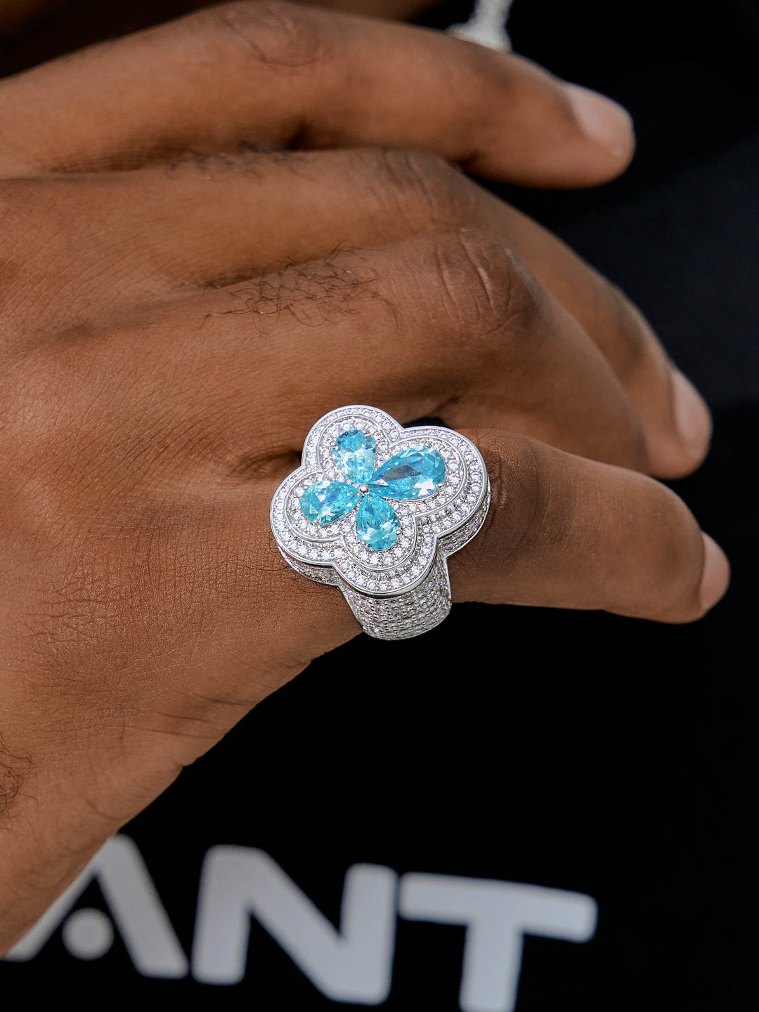 Blue Gemstone Moissanite Four Leaf Clover Ring