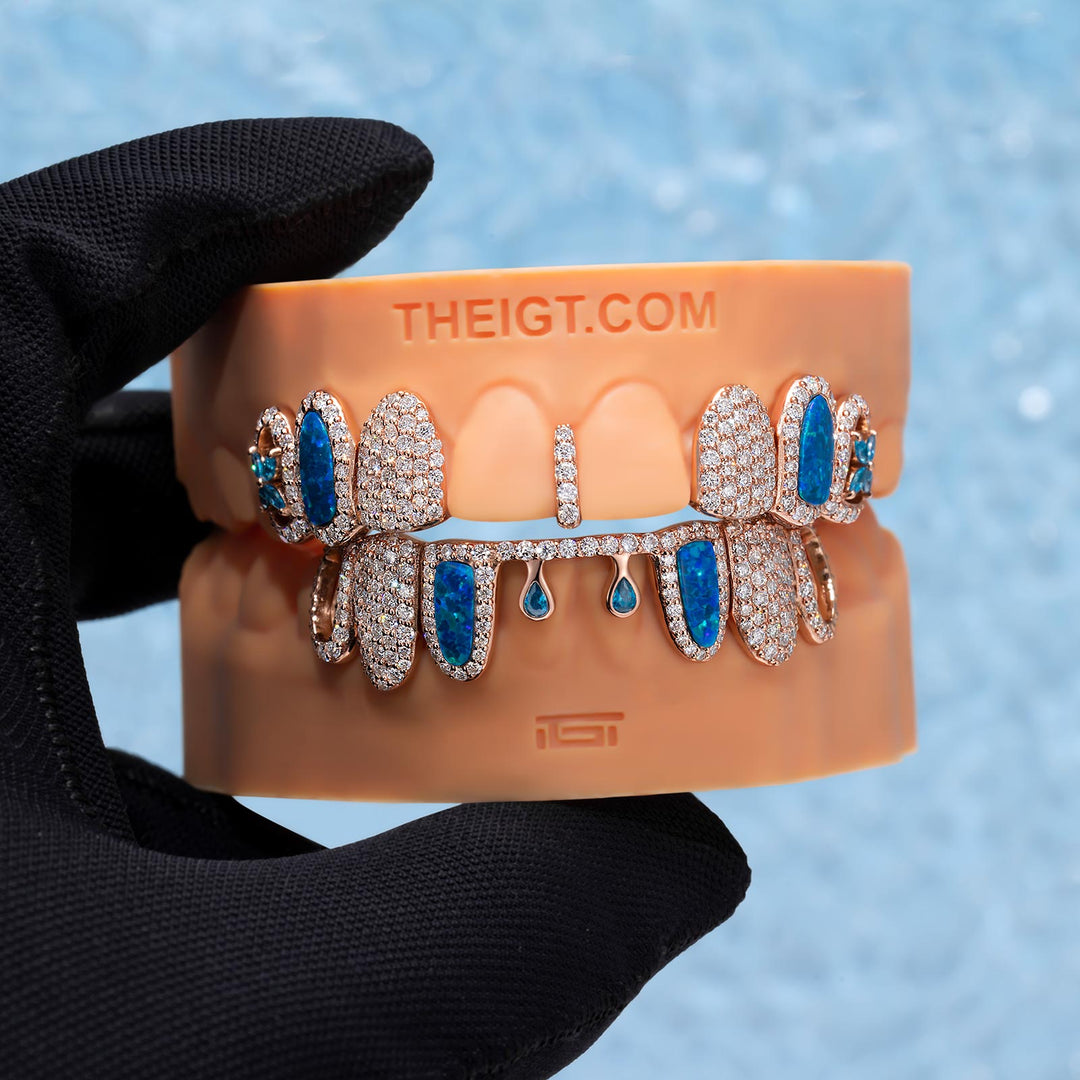 Blue Opal Clover Drip Moissanite Grillz