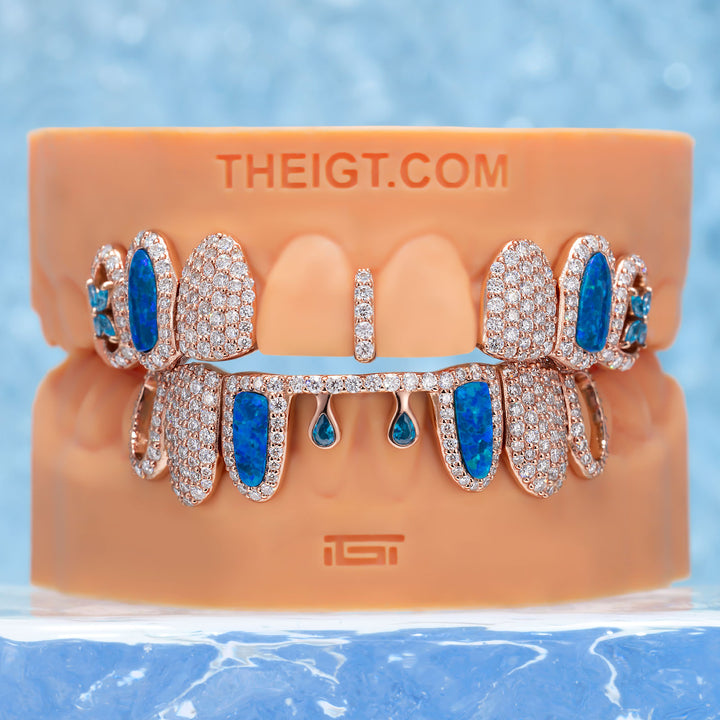 Blue Opal Clover Drip Moissanite Grillz