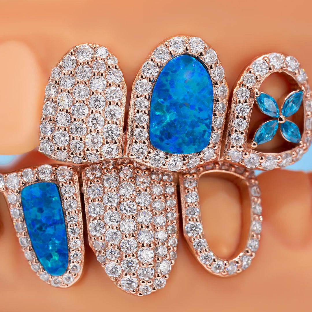Blue Opal Clover Drip Moissanite Grillz