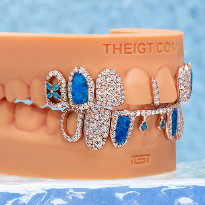Blue Opal Clover Drip Moissanite Grillz