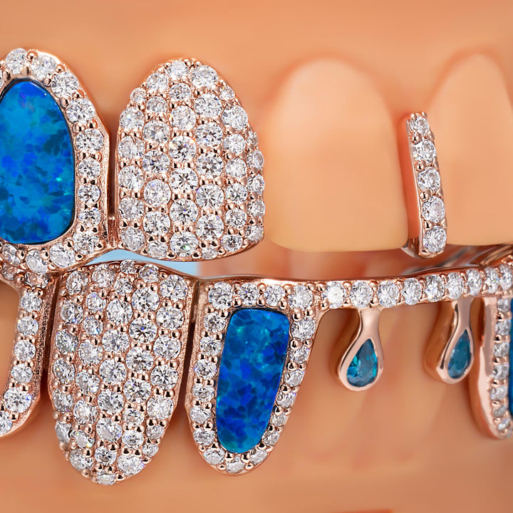 Blue Opal Clover Drip Moissanite Grillz