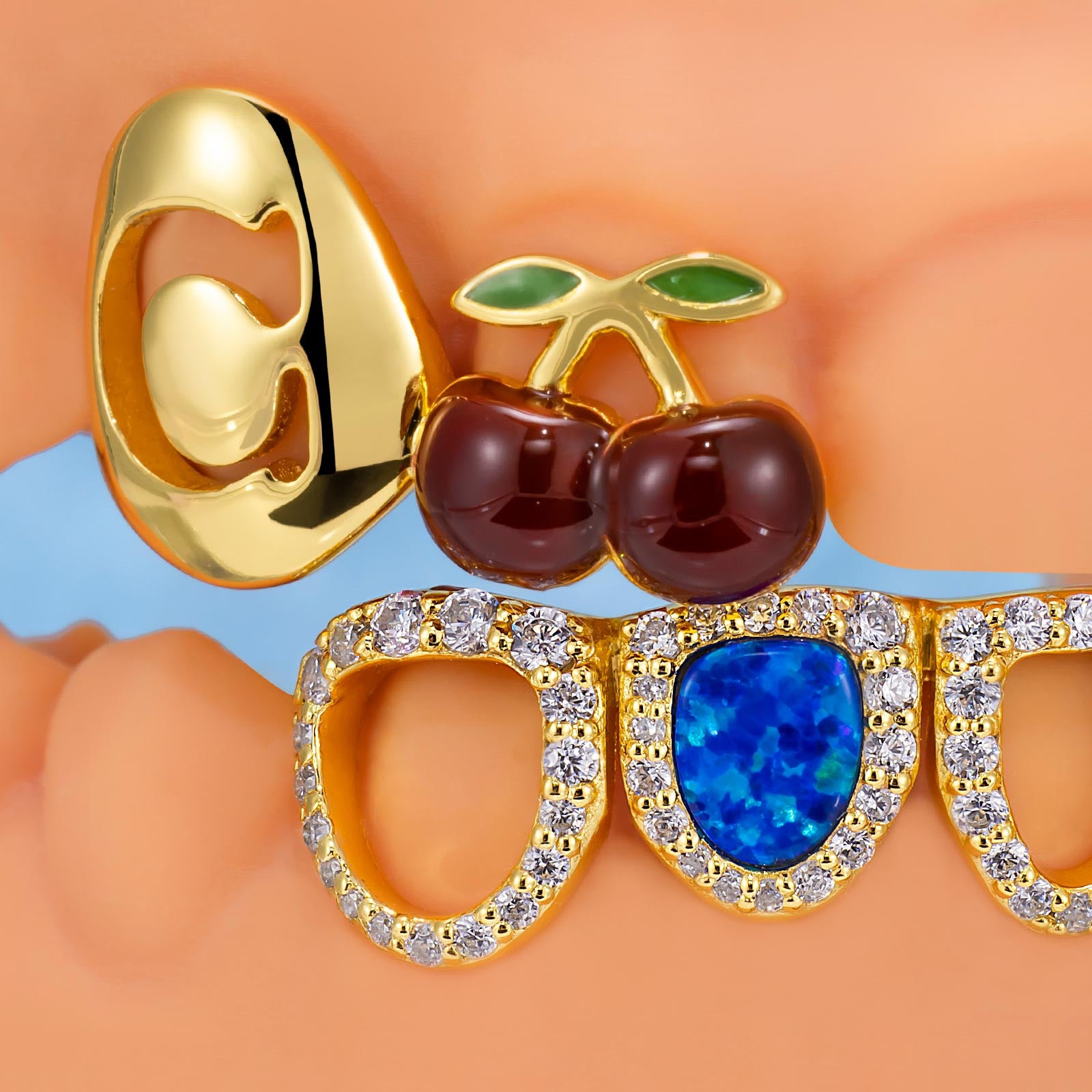 Blue Opal & Cherry Bloom Grillz: Unique, Luxurious Mouth Jewelry