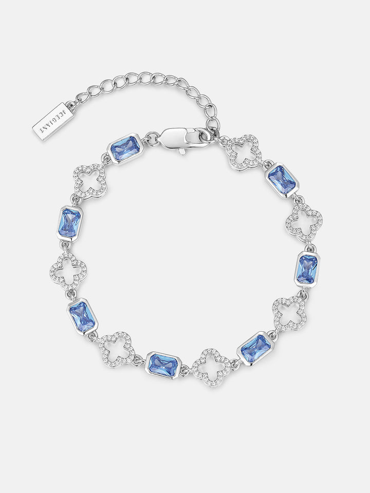 Blue Radiant Gem & White Moissanite Four Leaf Clover Bracelet