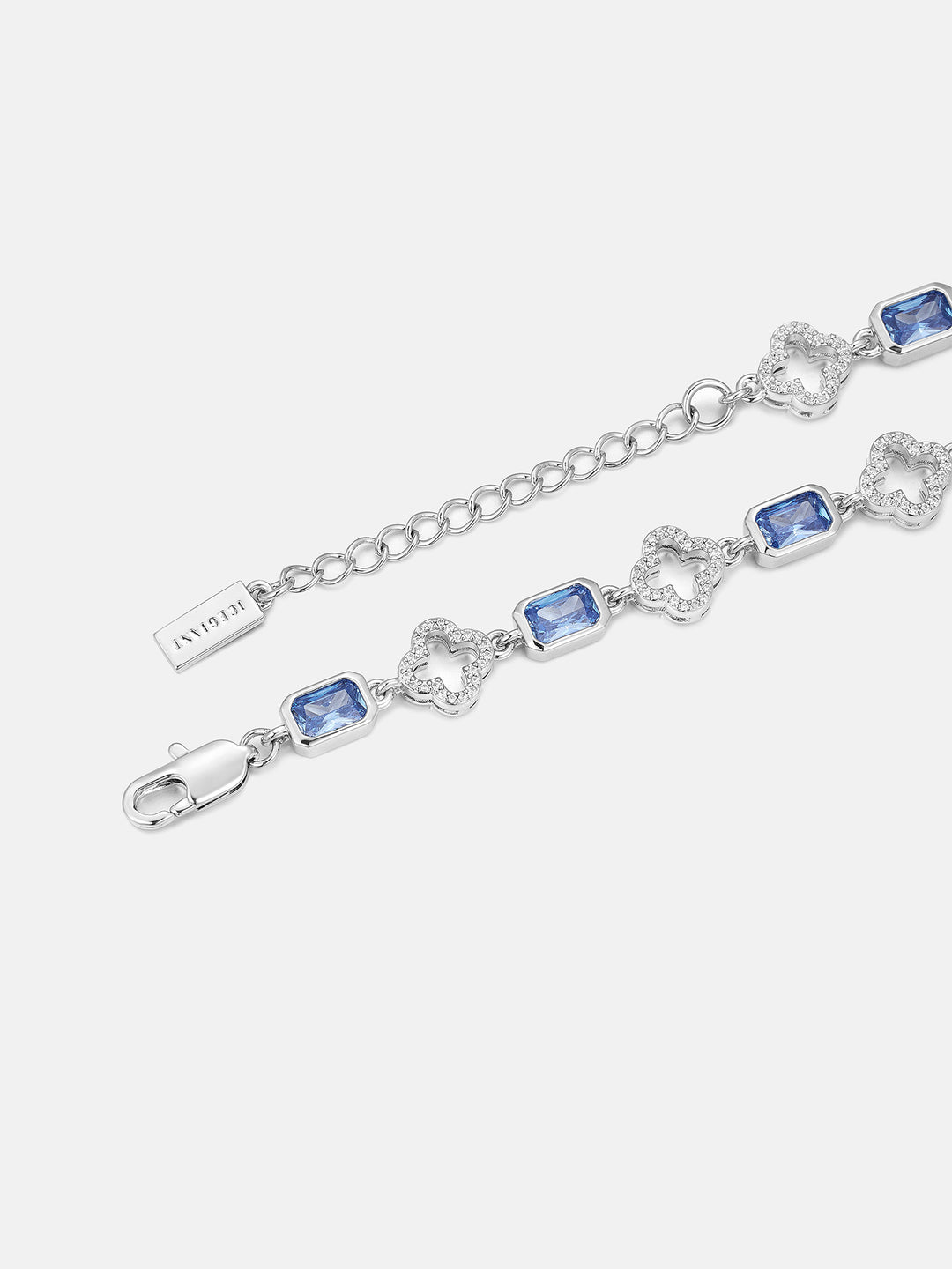 Blue Radiant Gem & White Moissanite Four Leaf Clover Bracelet