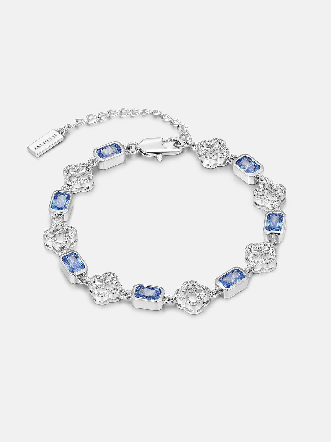 Blue Radiant Gem & White Moissanite Four Leaf Clover Bracelet