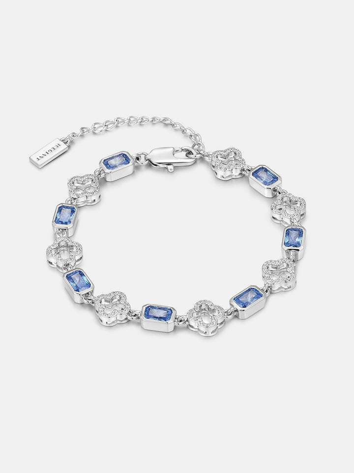 Blue Radiant Gem & White Moissanite Four Leaf Clover Bracelet