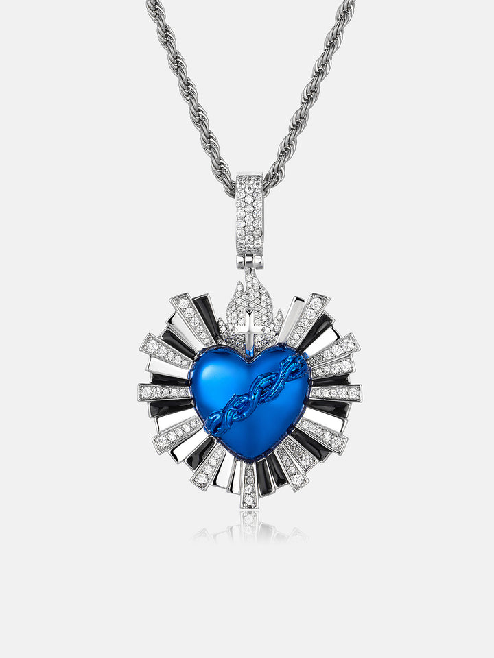 Blue Sacred Heart Rays Moissanite Pendant