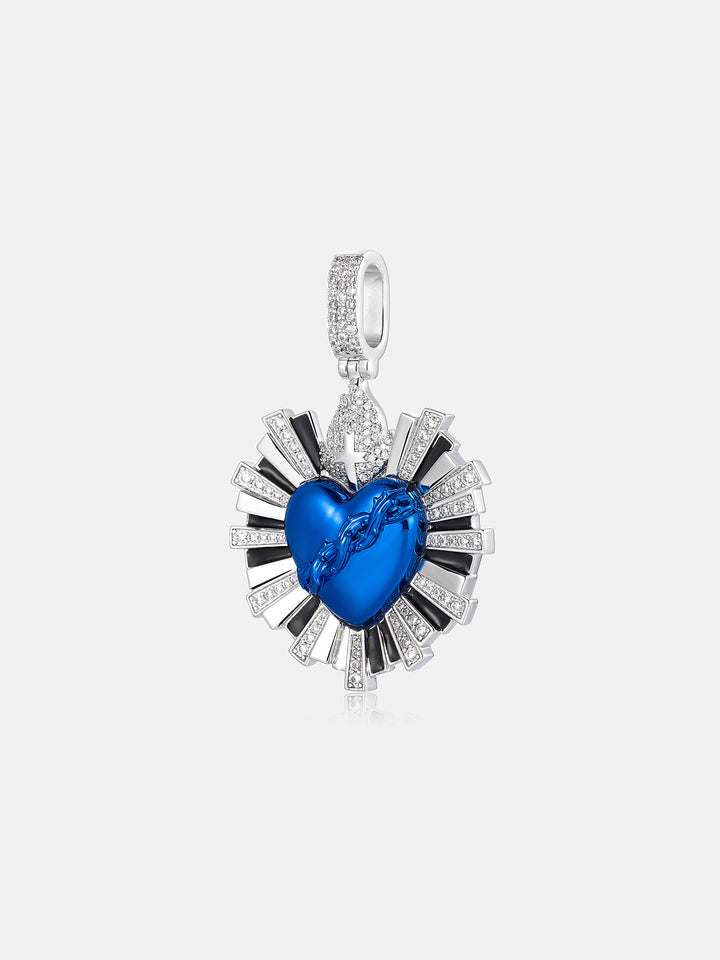 Blue Sacred Heart Rays Moissanite Pendant