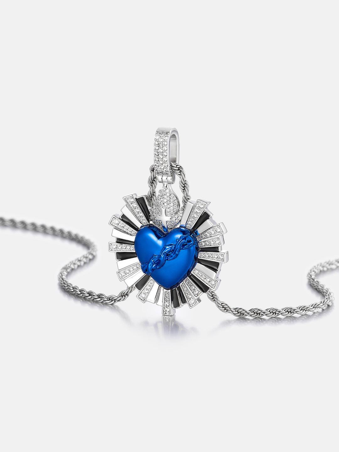 Blue Sacred Heart Rays Moissanite Pendant