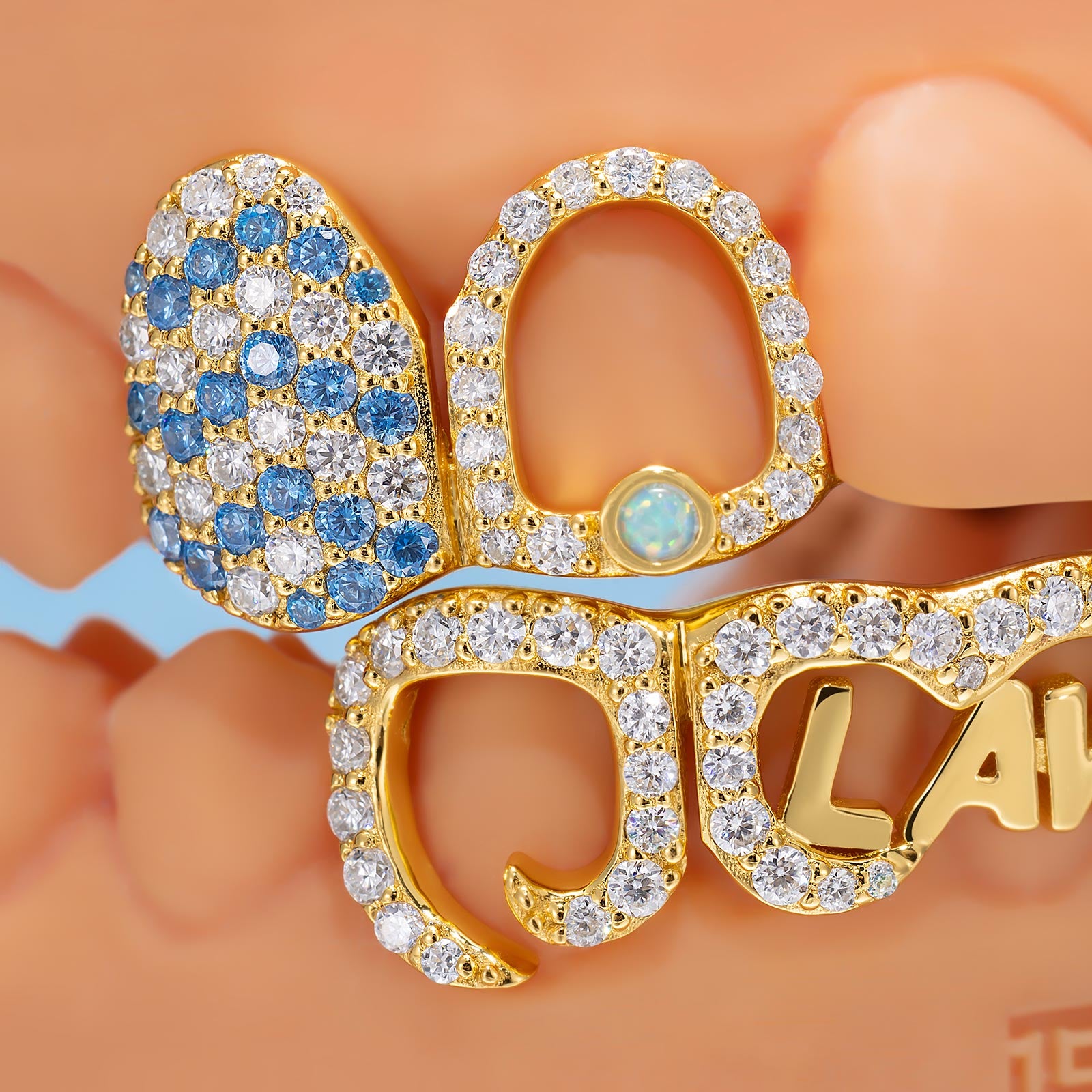 Blue White Moissanite W Opal Bridge Grillz