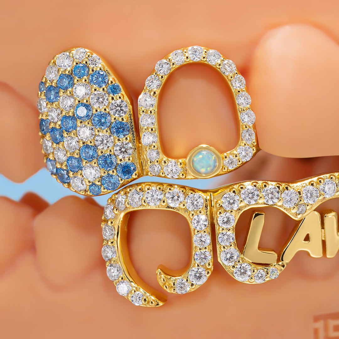 Blue White Moissanite W Opal Bridge Grillz