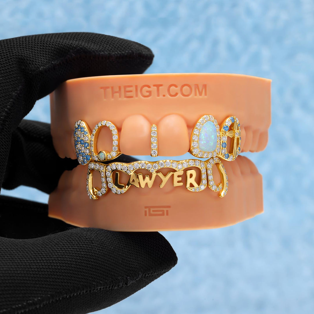 Blue White Moissanite W Opal Bridge Grillz