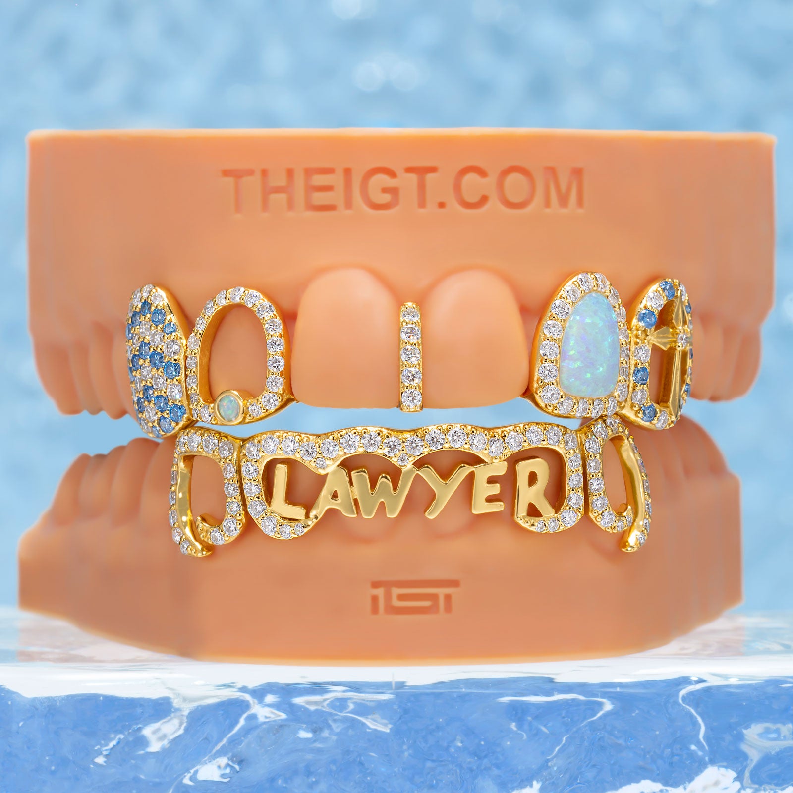 Blue White Moissanite W Opal Bridge Grillz