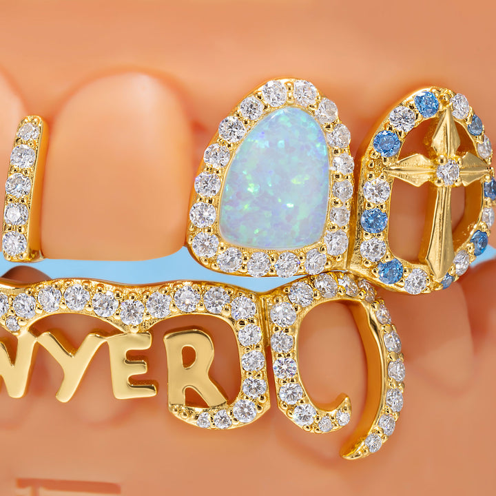 Blue White Moissanite W Opal Bridge Grillz