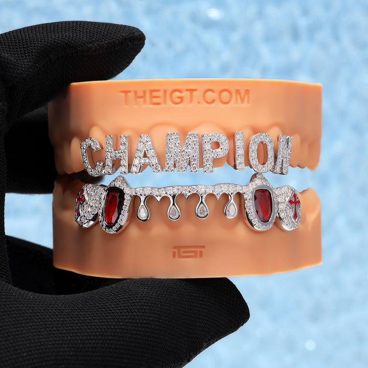 Champion Letter Red Gem Pear Drip Grillz - ICEGIANT