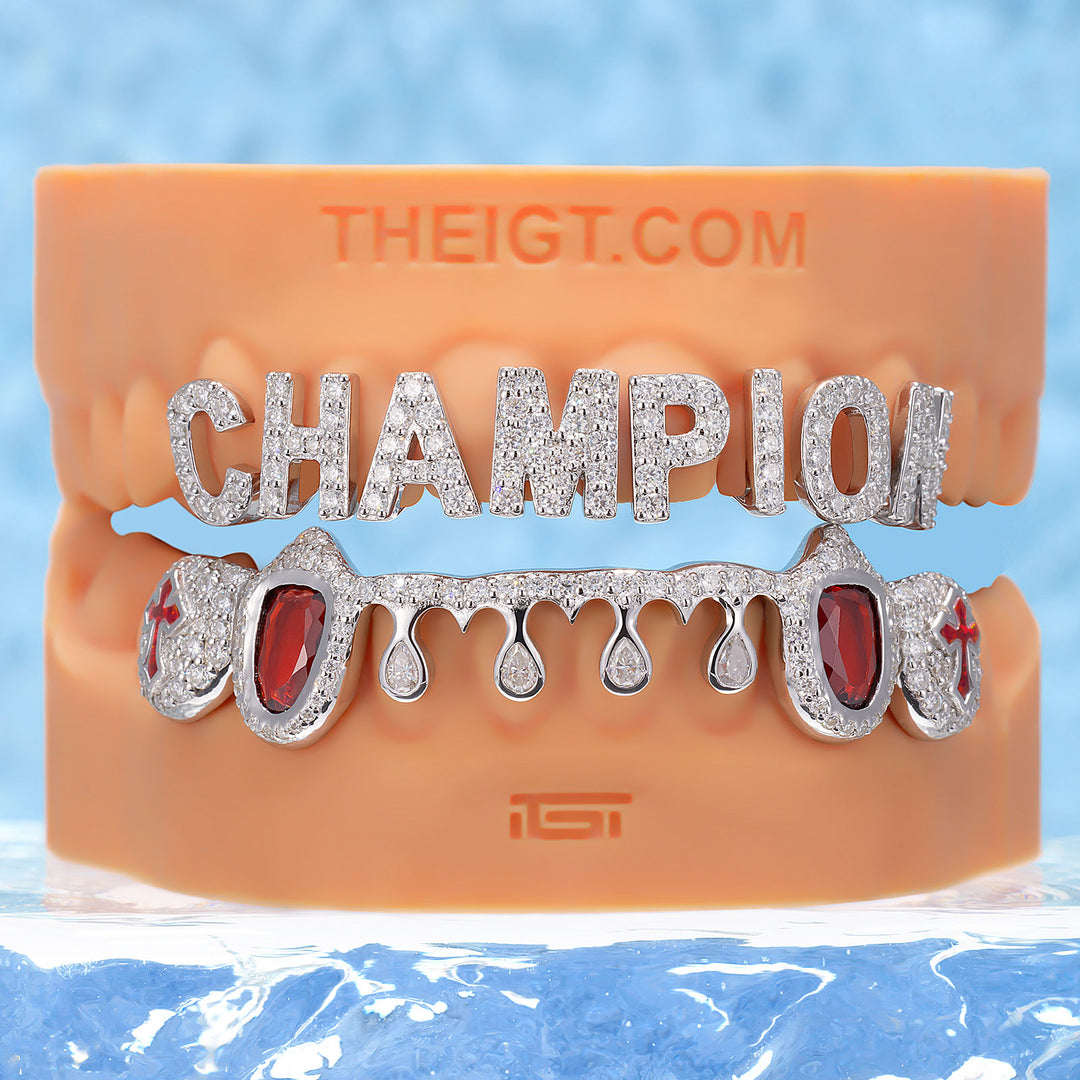 Champion Letter Red Gem Pear Drip Grillz - ICEGIANT