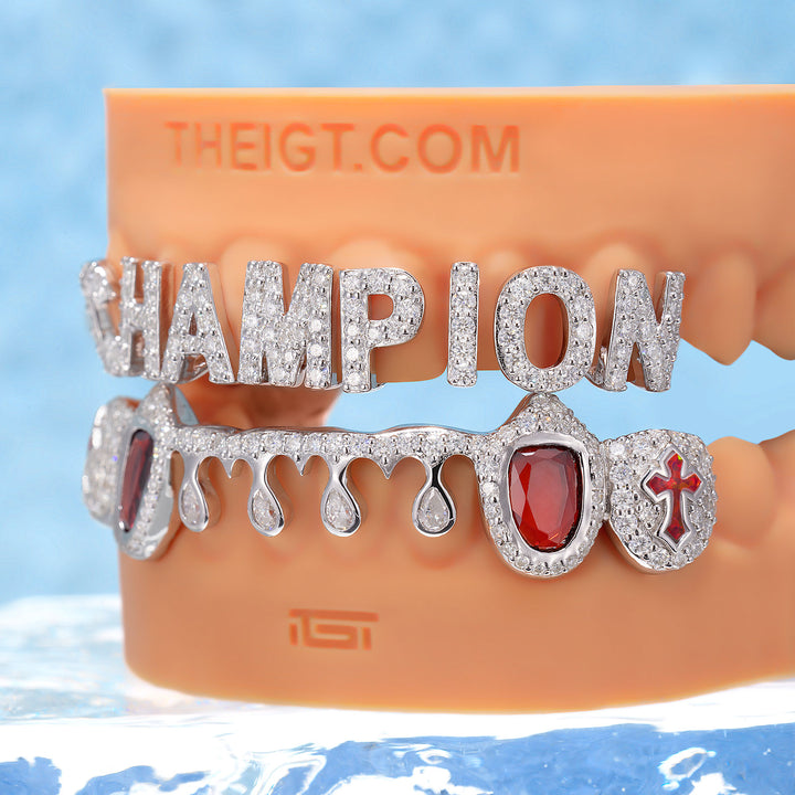 Champion Letter Red Gem Pear Drip Grillz - ICEGIANT