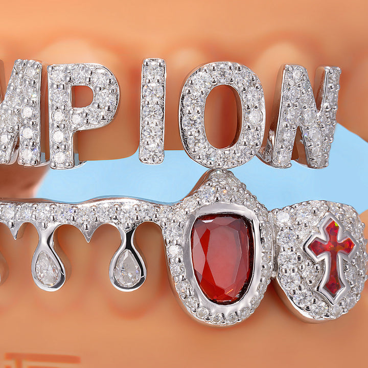 Champion Letter Red Gem Pear Drip Grillz - ICEGIANT