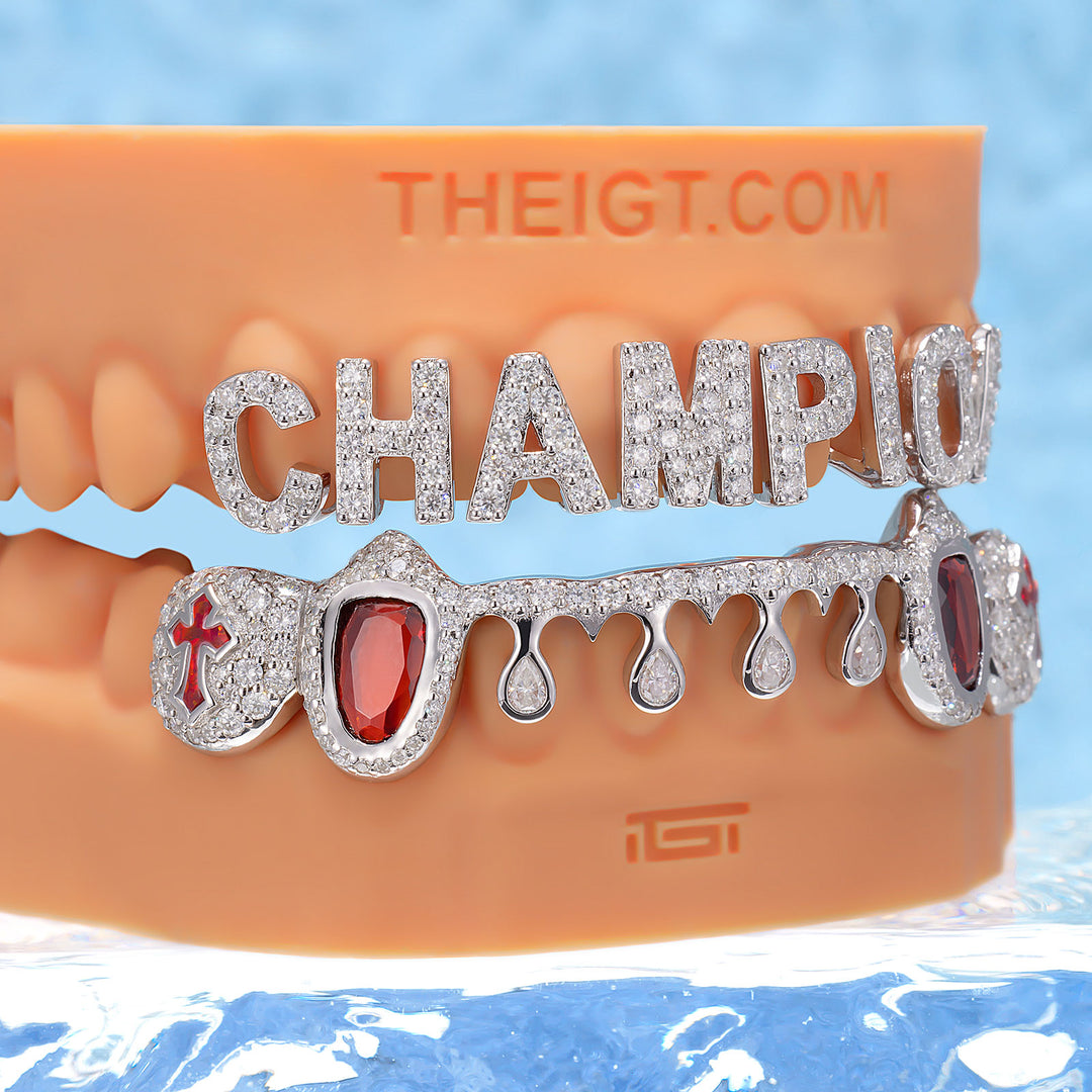 Champion Letter Red Gem Pear Drip Grillz - ICEGIANT