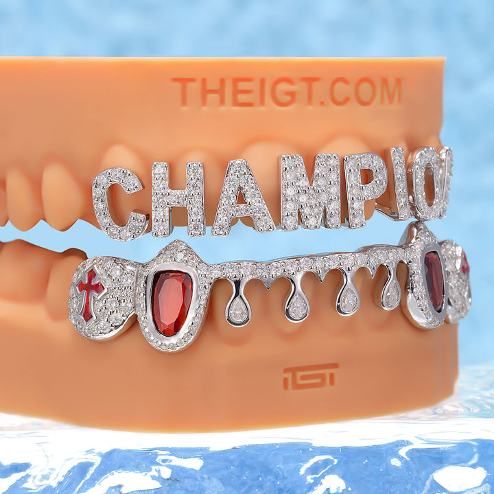 Champion Letter Red Gem Pear Drip Grillz - ICEGIANT