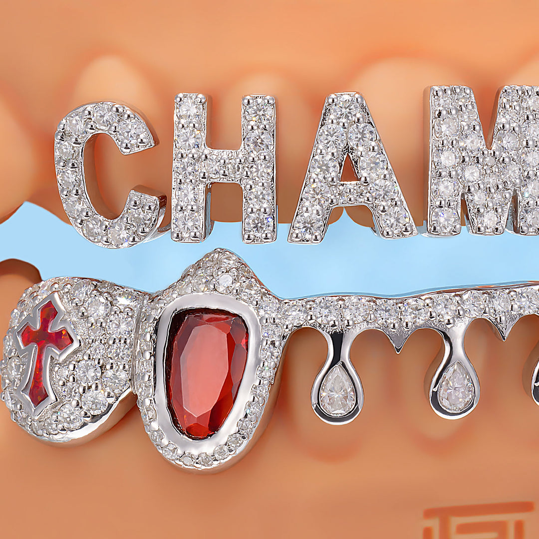 Champion Letter Red Gem Pear Drip Grillz - ICEGIANT