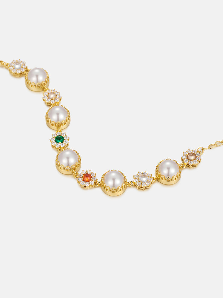 Colored Gem White Moissanite Daisy Pearl Bracelet