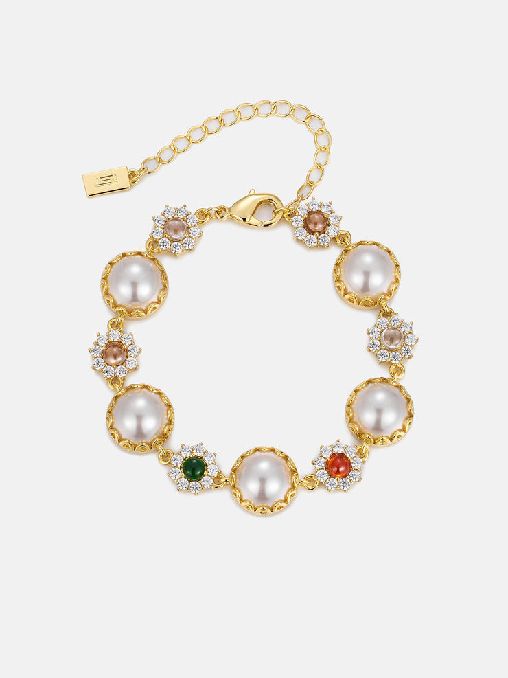 Colored Gem White Moissanite Daisy Pearl Bracelet