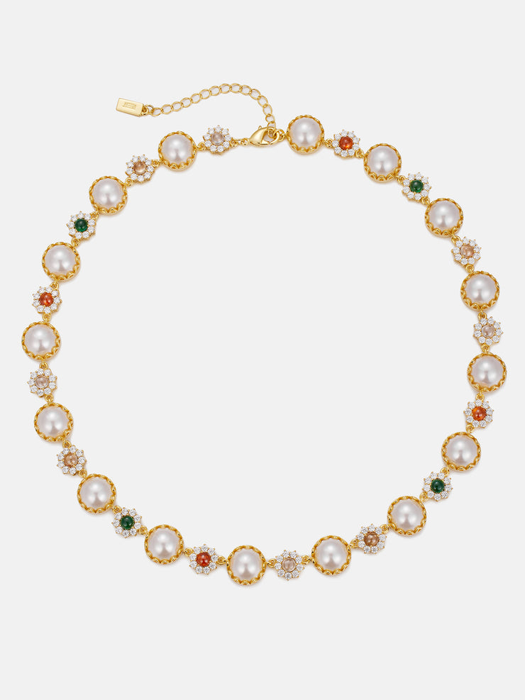 Colored Gem White Moissanite Daisy Pearl Chain