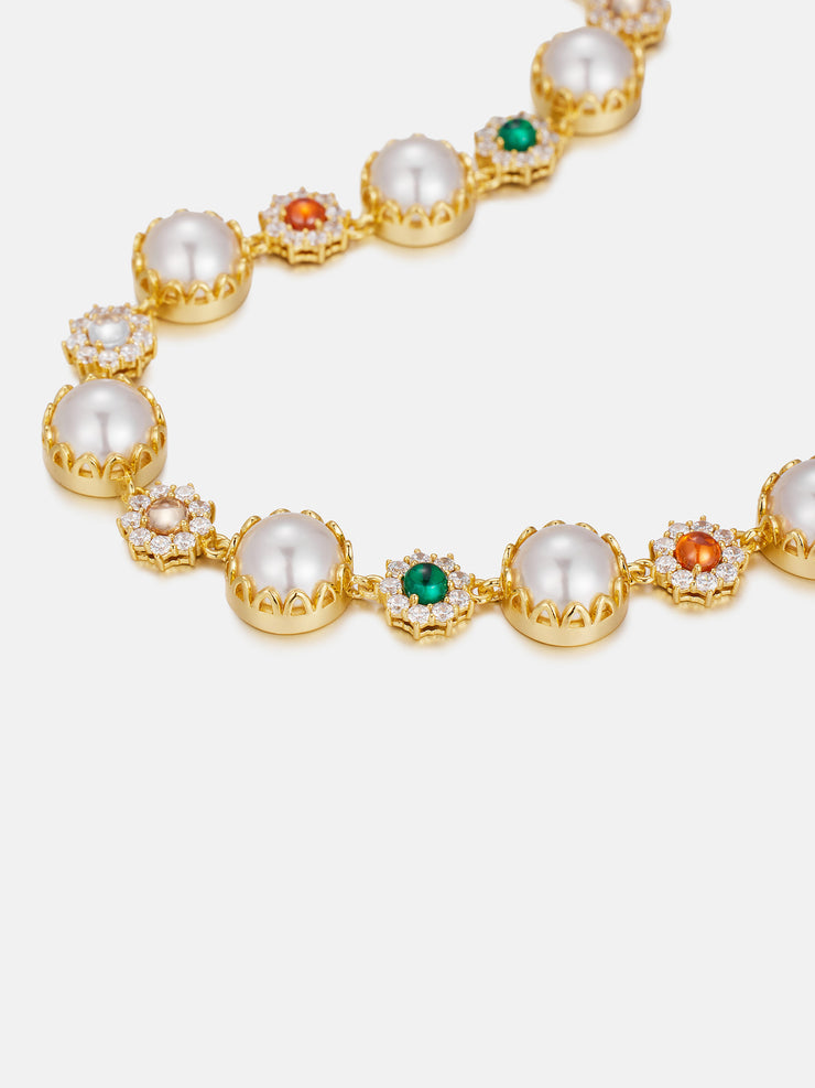 Colored Gem White Moissanite Daisy Pearl Chain