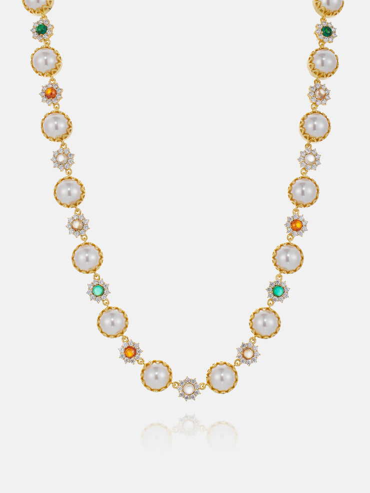 Colored Gem White Moissanite Daisy Pearl Chain