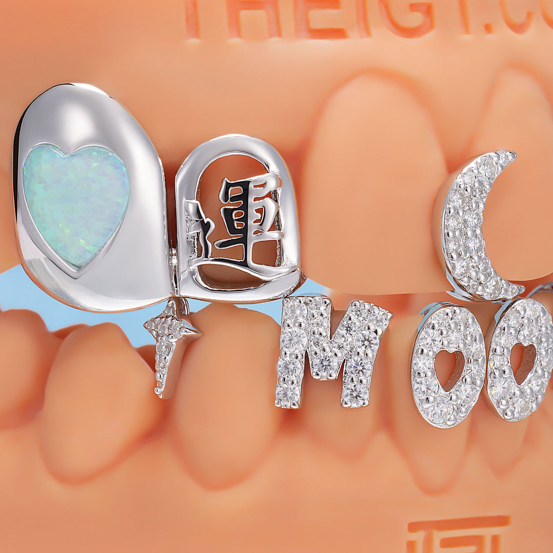 Crescent Moon Heart Opal Letter Bar Grillz