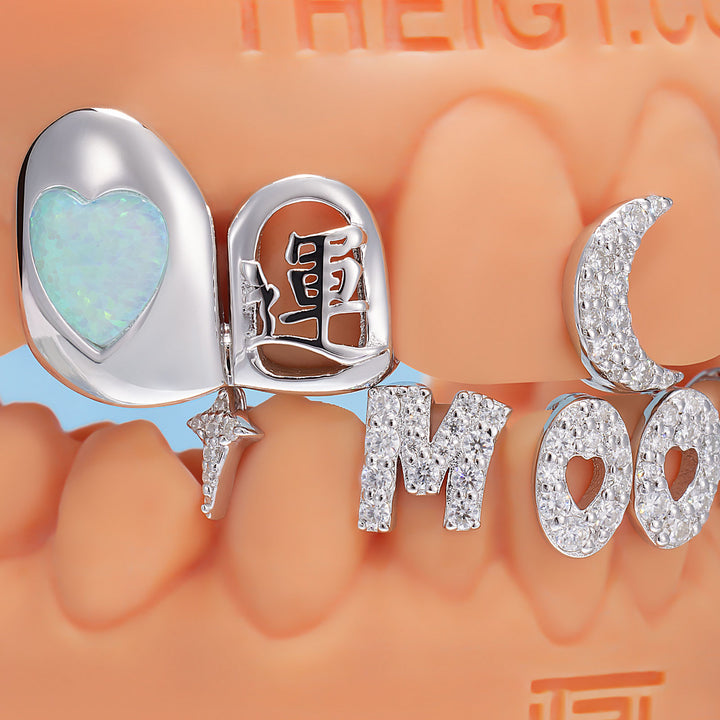 Crescent Moon Heart Opal Letter Bar Grillz