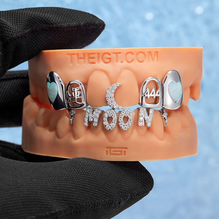 Crescent Moon Heart Opal Letter Bar Grillz