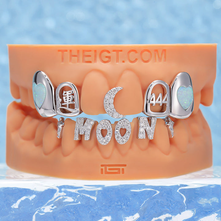 Crescent Moon Heart Opal Letter Bar Grillz