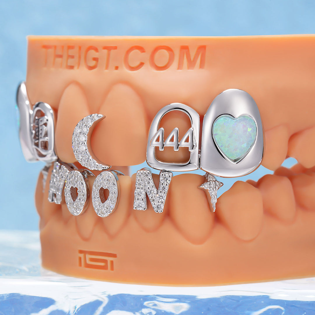Crescent Moon Heart Opal Letter Bar Grillz