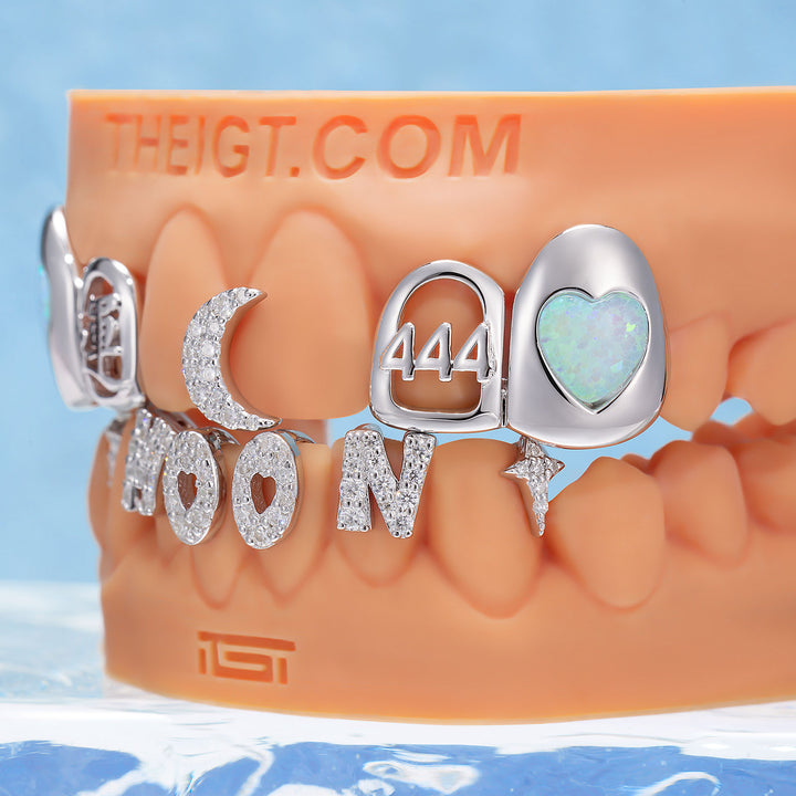 Crescent Moon Heart Opal Letter Bar Grillz
