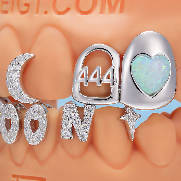 Crescent Moon Heart Opal Letter Bar Grillz