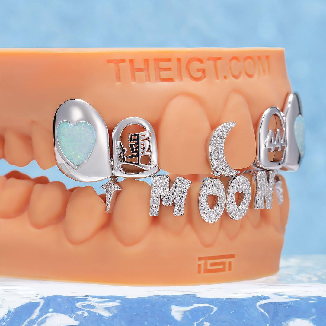 Crescent Moon Heart Opal Letter Bar Grillz