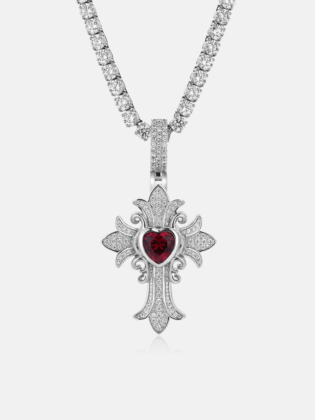 Diamond necklace with a red heart pendant on a white background