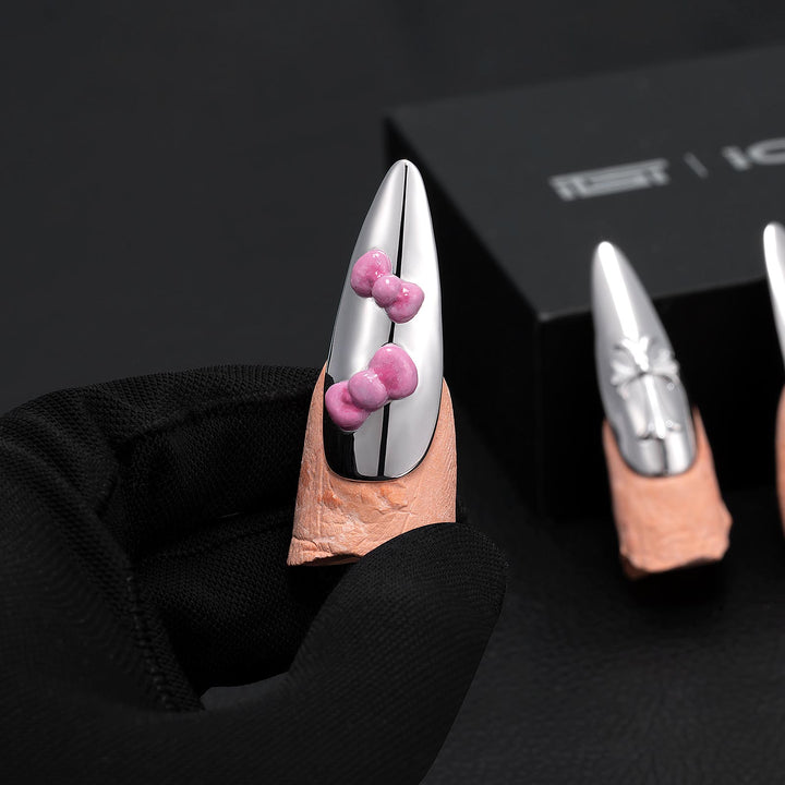 Cross Pink Bow Metallic Solid Nail Set
