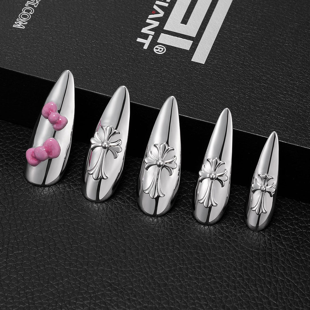 Cross Pink Bow Metallic Solid Nail Set
