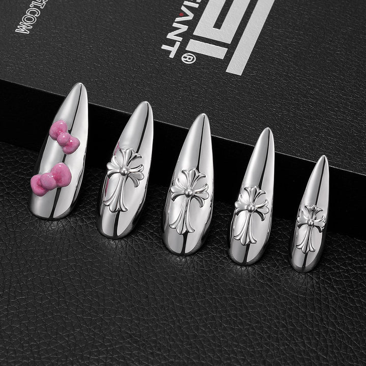 Cross Pink Bow Metallic Solid Nail Set