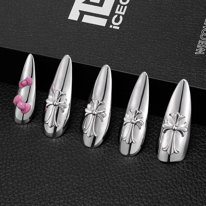 Cross Pink Bow Metallic Solid Nail Set
