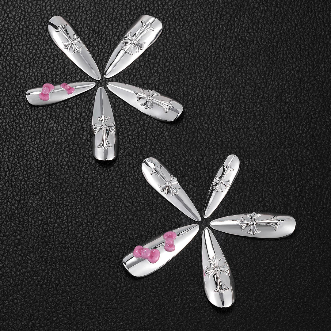 Cross Pink Bow Metallic Solid Nail Set