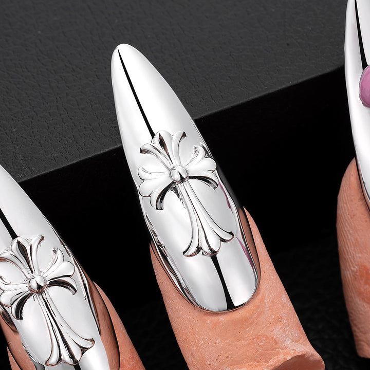 Cross Pink Bow Metallic Solid Nail Set
